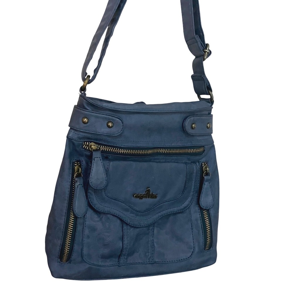 Angel Kiss Crossbody Bag Medium Blue Embossed Paisley Multi-Pocket Hobo Purse - Picture 3 of 10